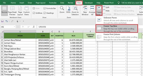 Cara Membekukan Excel